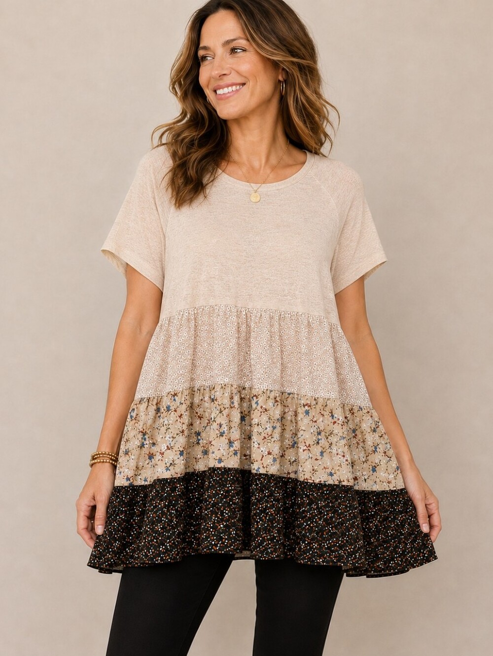 Easel Mixed Floral Tiered Babydoll Tunic Top Boho Small A-290